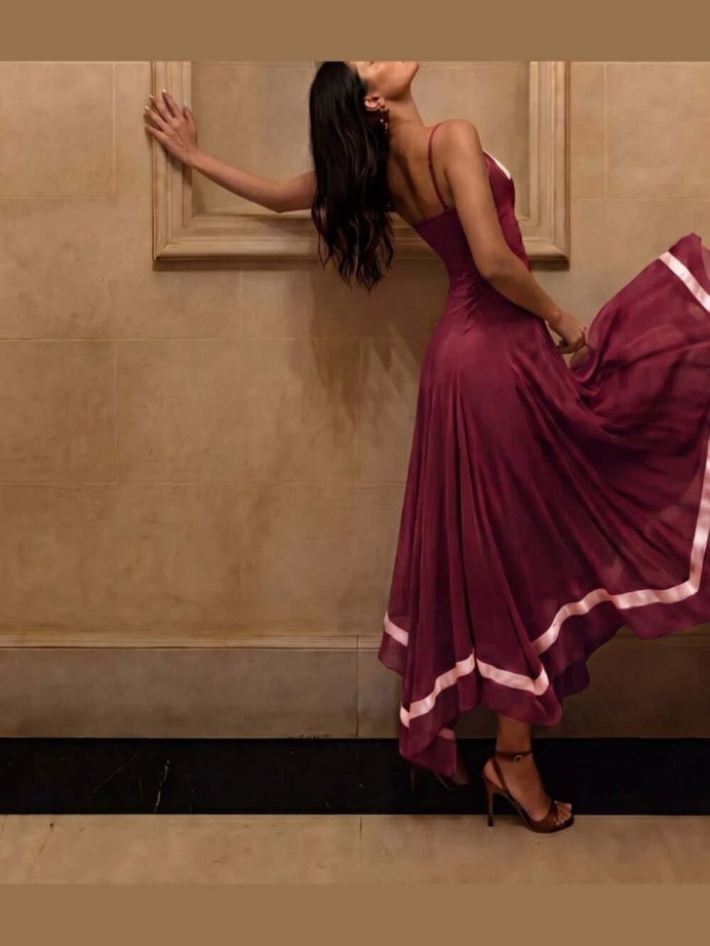Burgundy Contrast Lace Trim Tiered Ribbon Hem Maxi Dress - Picture 3 of 8